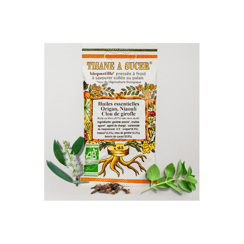 Bio pastilles Huiles Essentielles Origan-Niaouli-Girofle - sans sucre, naturelles, fabriquées en France
