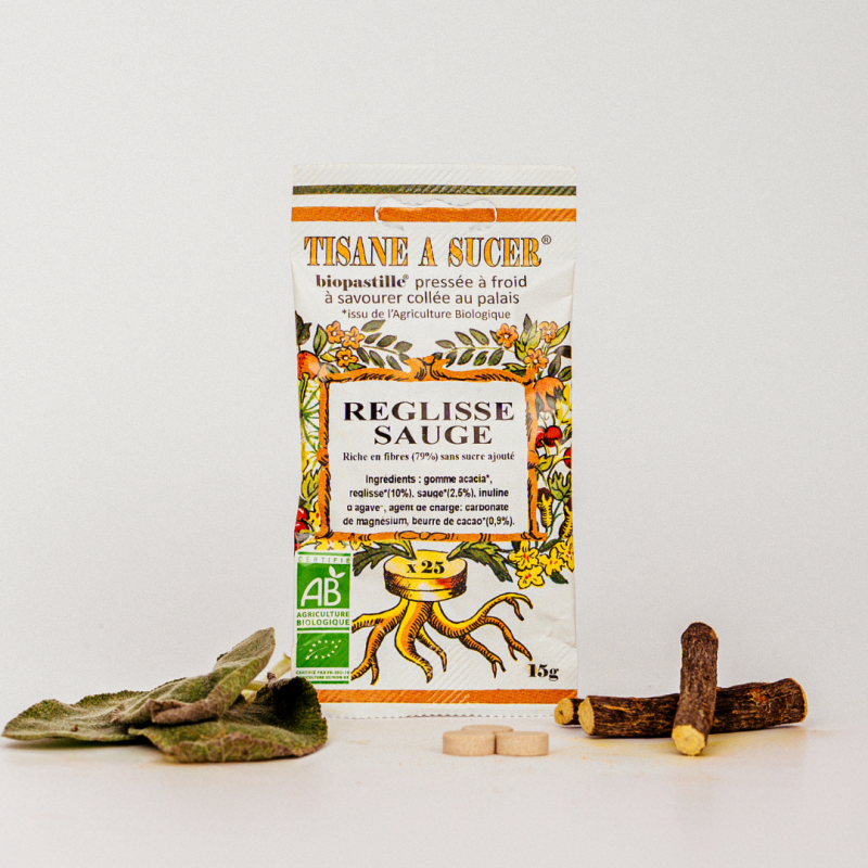 Bio pastilles Réglisse-Sauge - sans sucre, naturelles, fabriquées en France