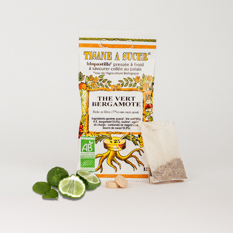 Bio pastilles Thé vert-Bergamote - sans sucre, naturelles, fabriquées en France
